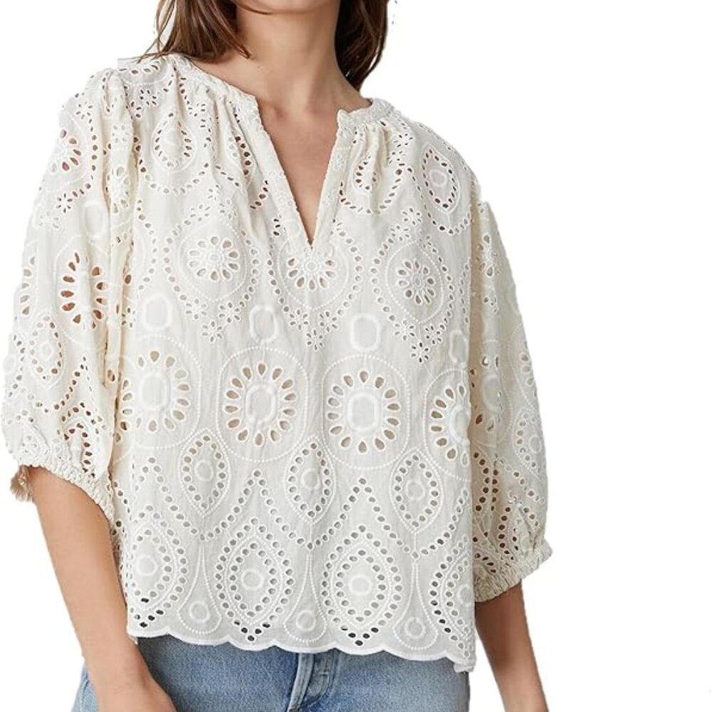 $148 Sz XS Velvet Graham & Spencer Ivory Eyelet Blouse